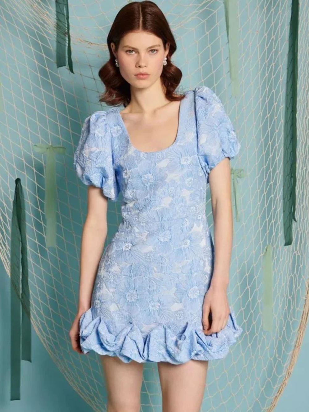 Sister Jane jacquard bubble hem mini dress in‎ baby blue floral Medium M